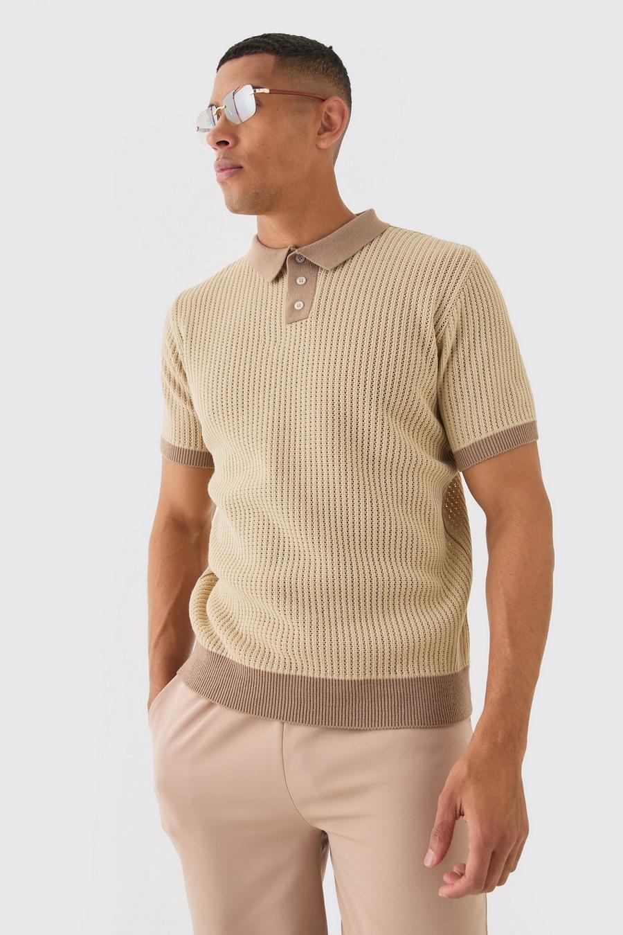Polo Regular Fit color talpa a coste traforate a contrasto, Taupe image number 1