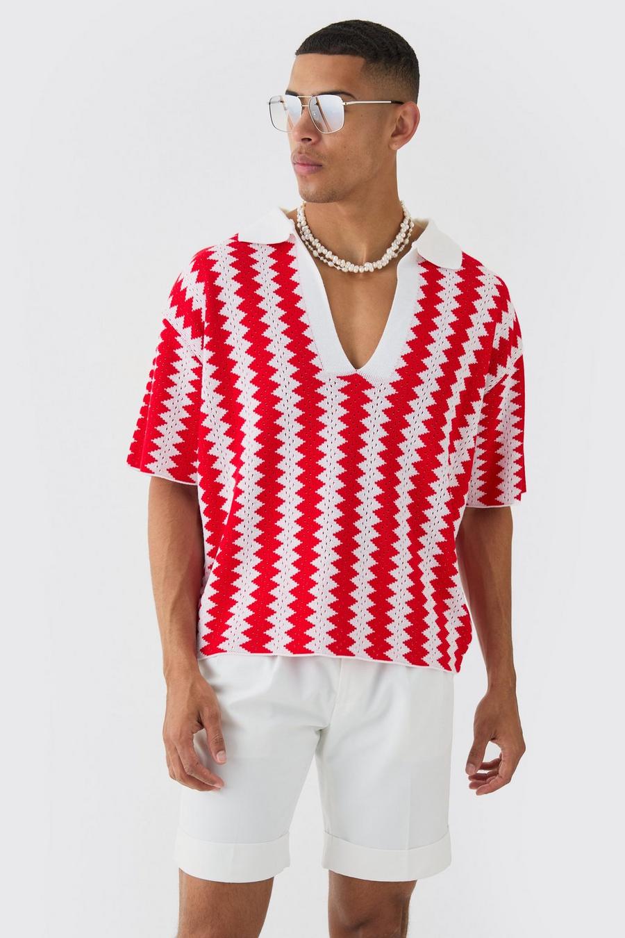 Oversized Boxy Drop Revere Open Stitch Stripe Polo In Red image number 1