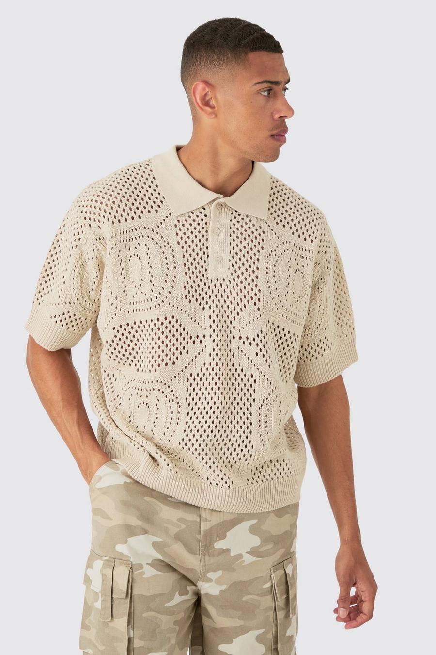 Oversized Boxy Open Stitch All Over Textured Polo In Stone image number 1