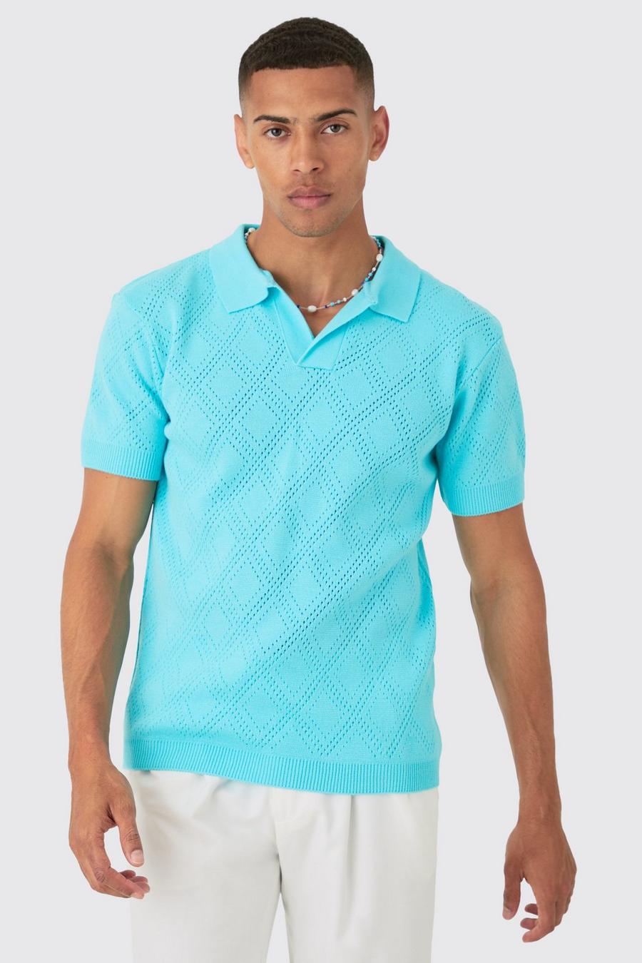Polo Regular Fit in maglia traforata color acqua con rever, Aqua