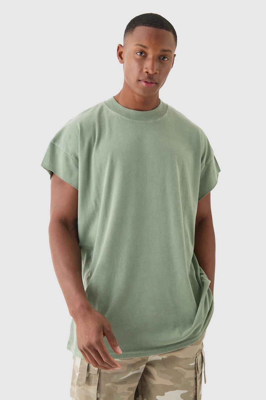 Sage Oversized Gebleekt T-Shirt Met Uitgesneden Mouwen