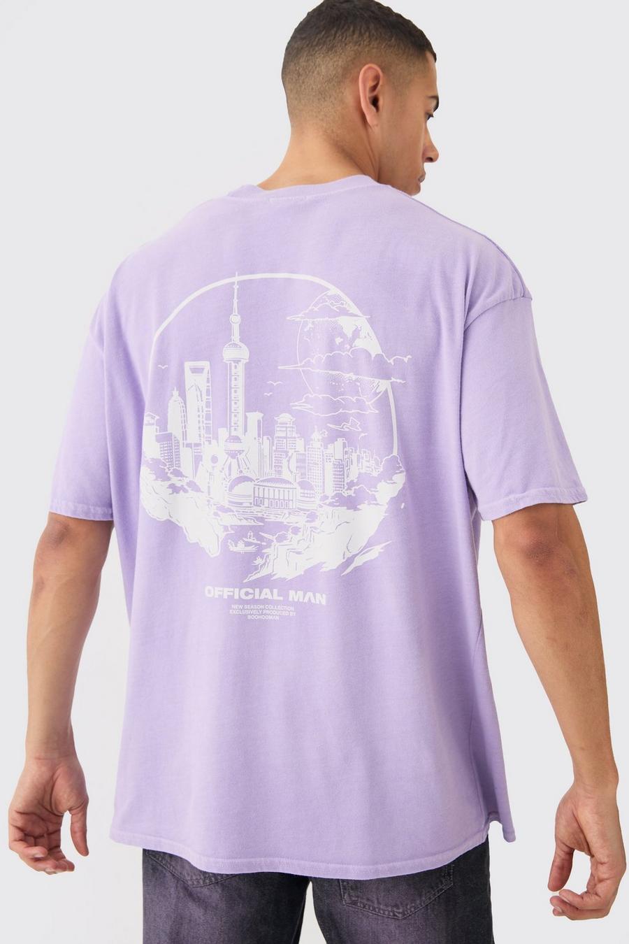 Camiseta oversize con lavado a la piedra y estampado de ciudad, Lilac image number 1