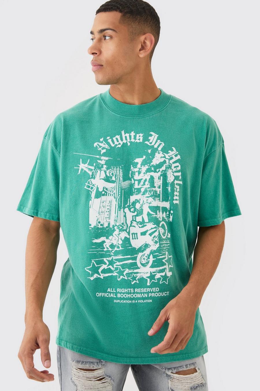 T-shirt oversize délavé à slogan Nights In Harlem, Green