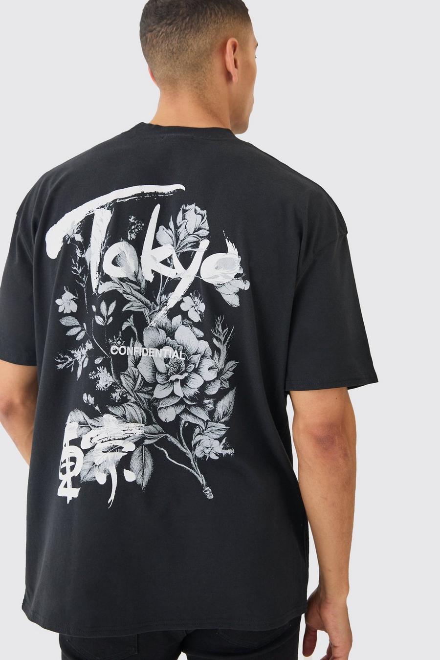 T-shirt oversize con stampa Tokyo a fiori, Black