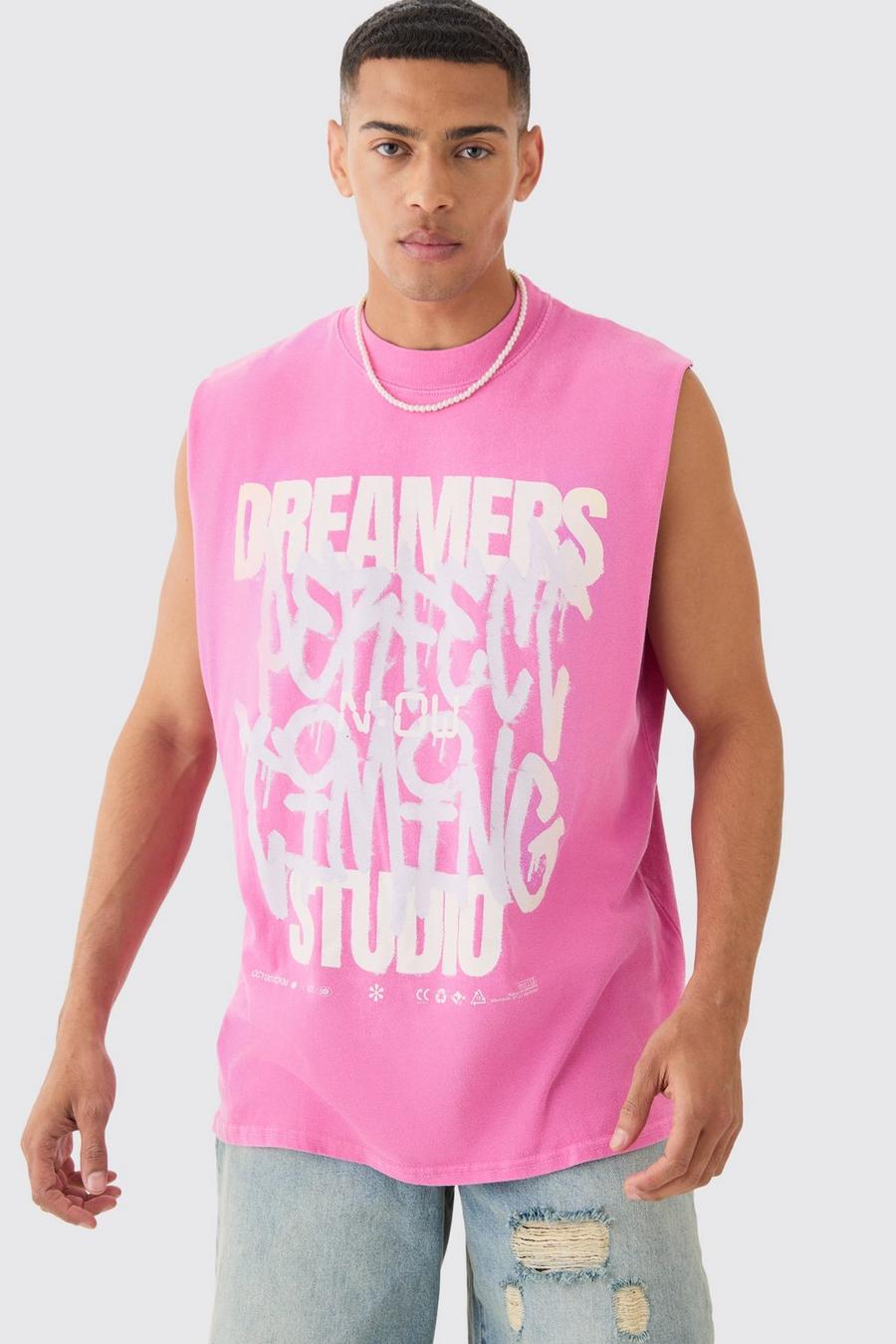 Pink Oversized Dreamers Graffiti Printed Wash Tank