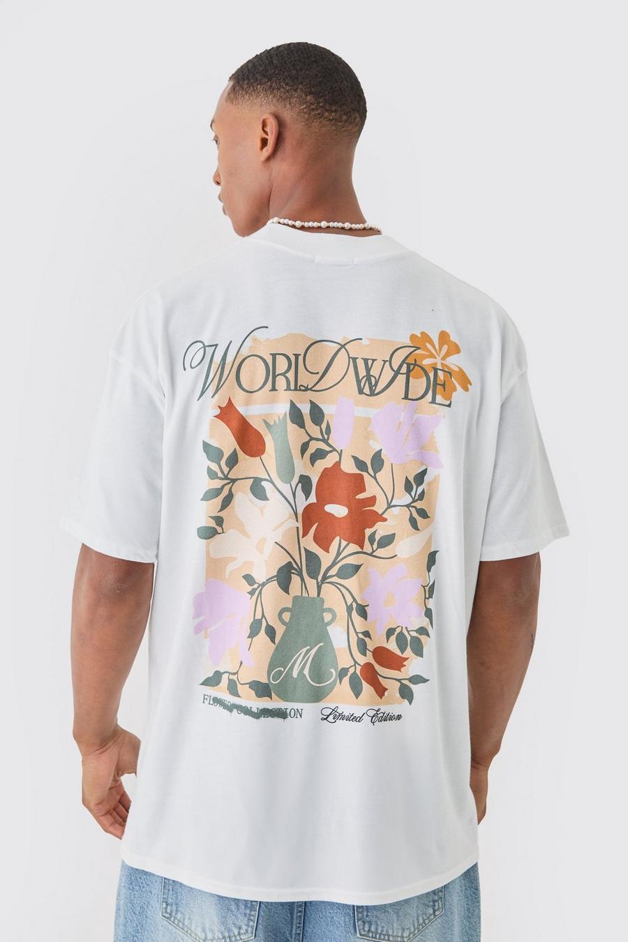 Camiseta oversize con estampado Worldwide de flores, White image number 1