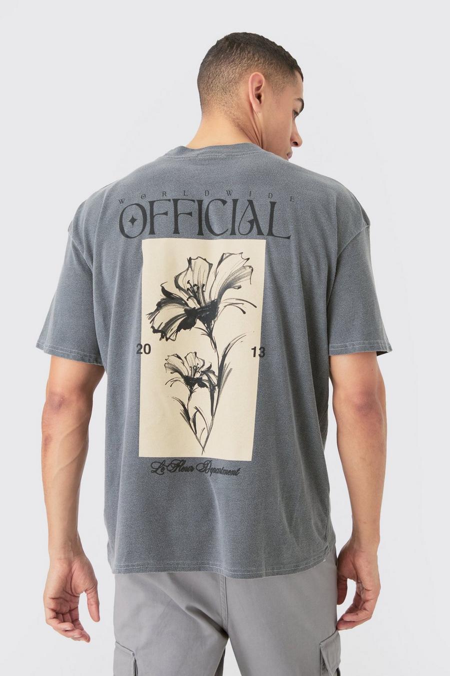 Camiseta oversize Official desteñida con estampado de flores, Charcoal image number 1