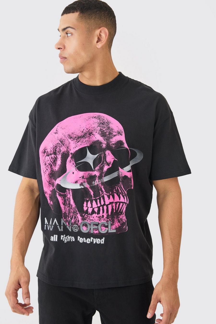 Black Oversized OFCL Skull Graphic Print T-shirt