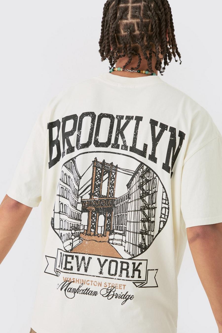 T-shirt oversize délavé à slogan Brooklyn, Ecru image number 1