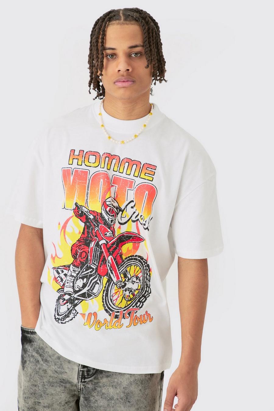 Oversize T-Shirt mit Homme Moto Print, White