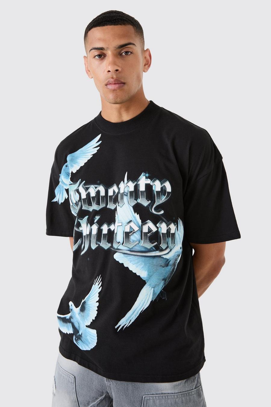 Camiseta oversize con estampado de paloma a gran escala, Black image number 1