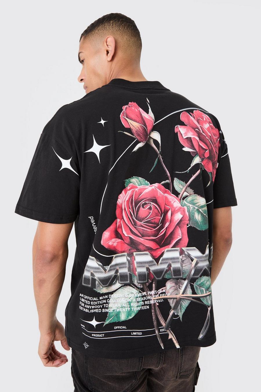 T-shirt oversize con grafica di rose grandi, Black image number 1