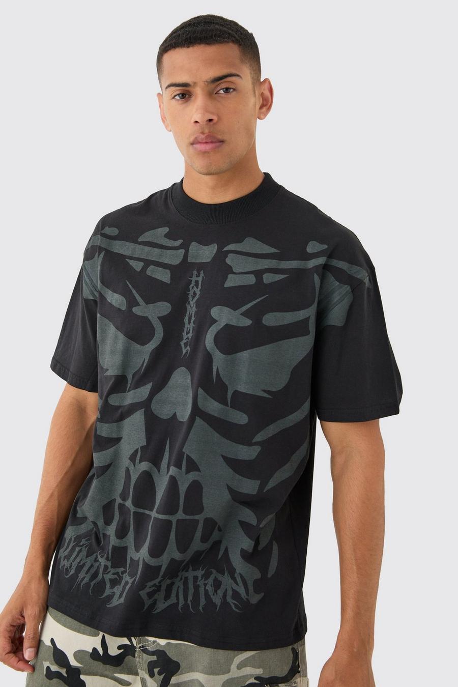 Black Oversized Over Seams Ribcage Print T-shirt image number 1