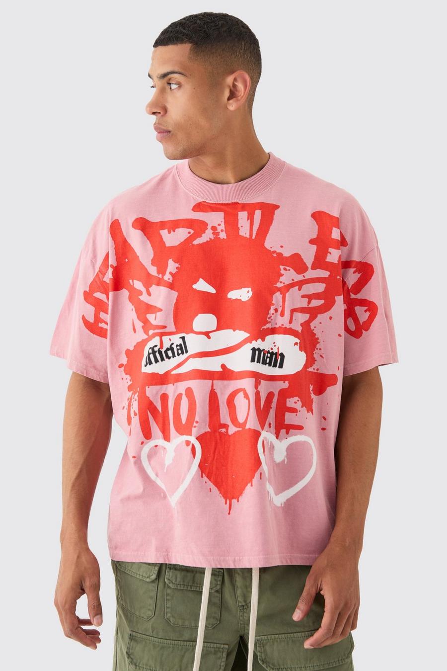 Pink Oversized Large Scale Heartless Print T-shirt