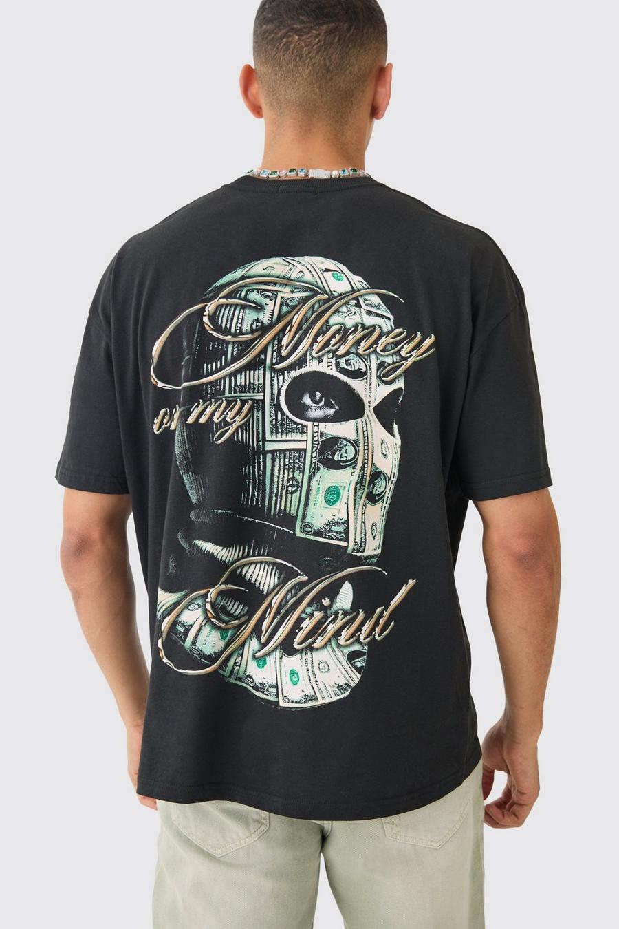 Black Oversized Money Mask Back Print Graphic T-shirt
