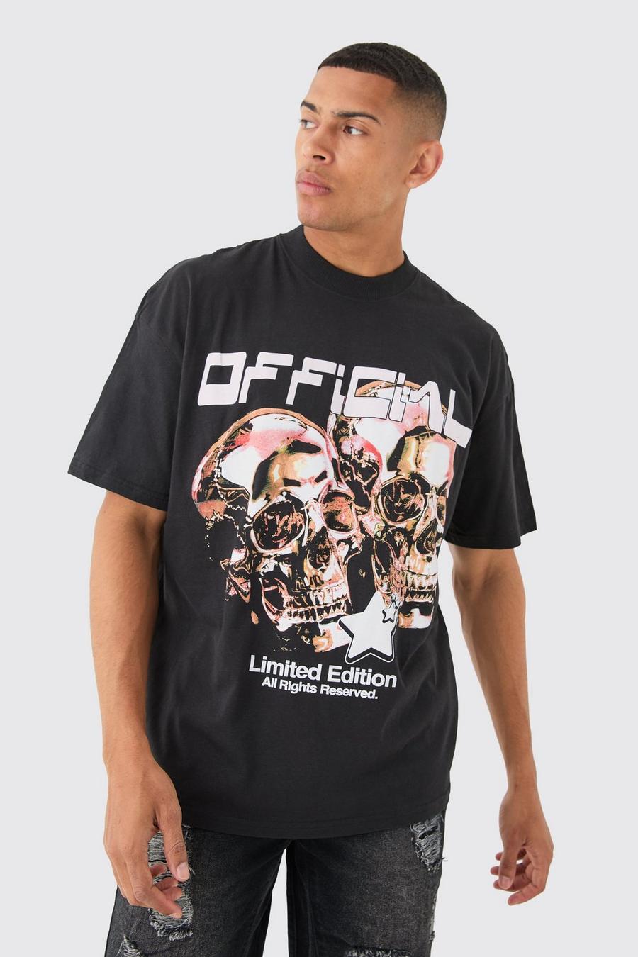 Camiseta oversize con cuello extendido y estampado gráfico de calavera, Black image number 1