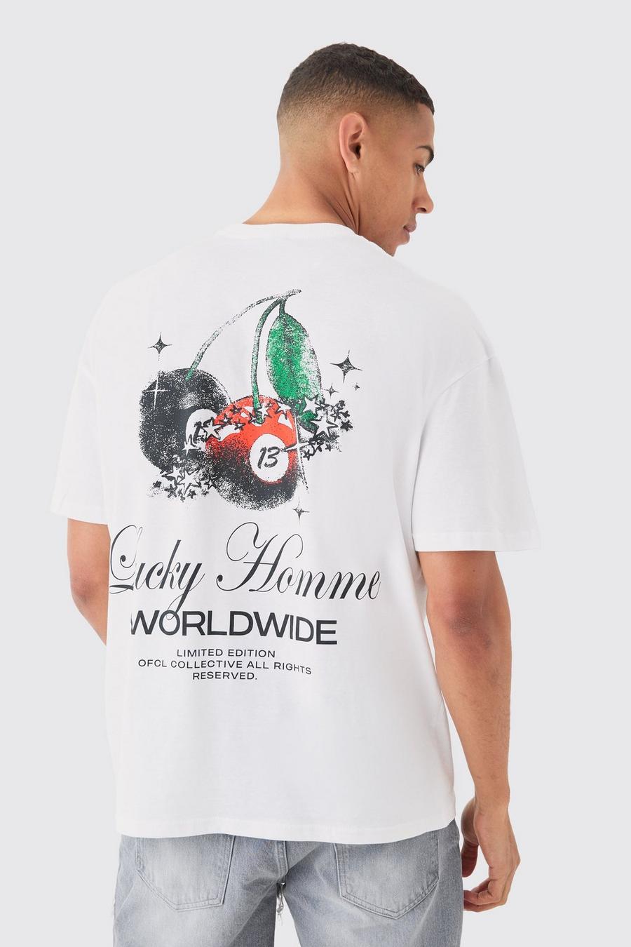 White Oversized Lucky Homme T-Shirt Met Print image number 1