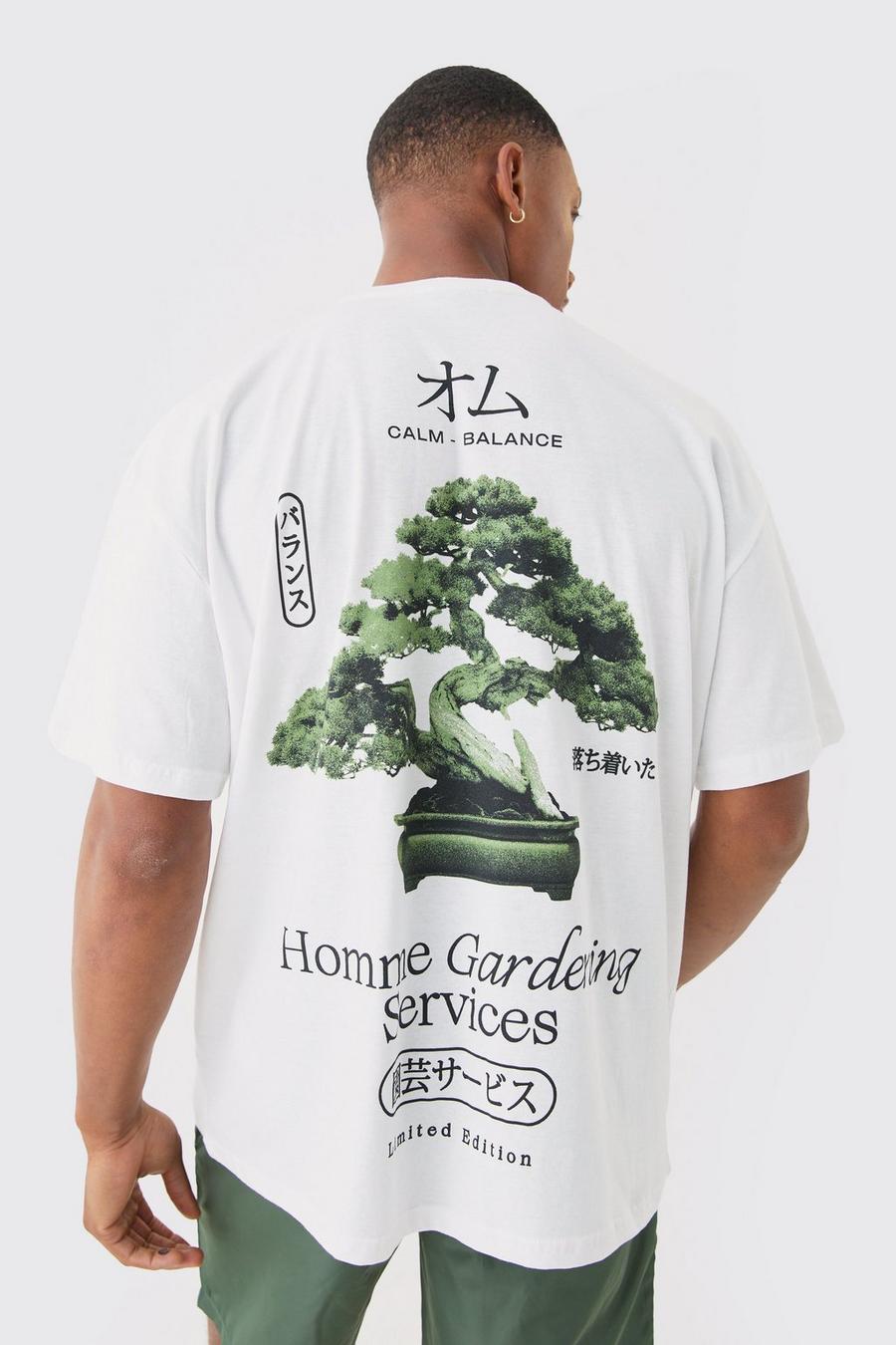 White Oversized Homme Gardening T-Shirt Met Print