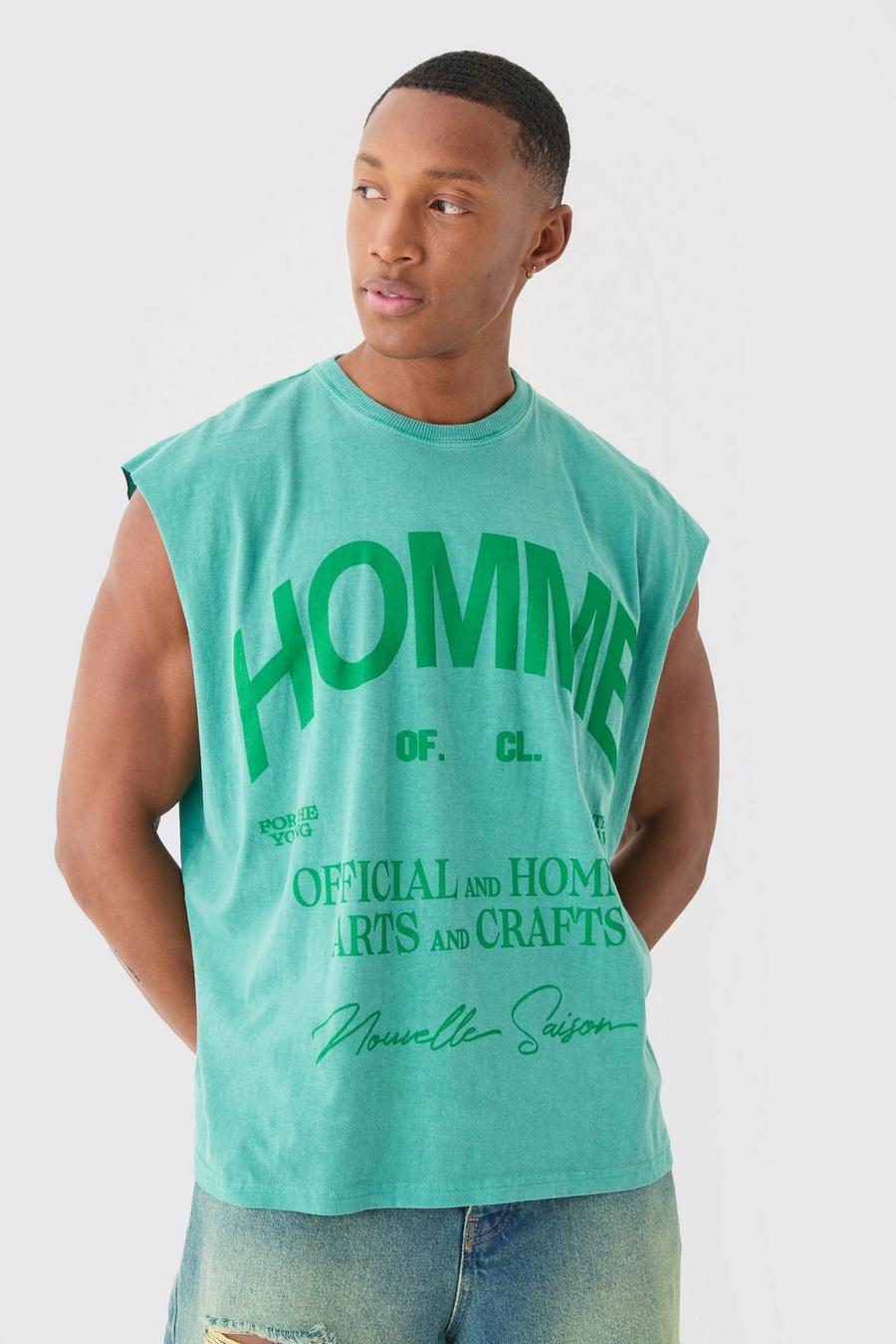 Green Oversized Washed Homme Tonal Print Tank image number 1