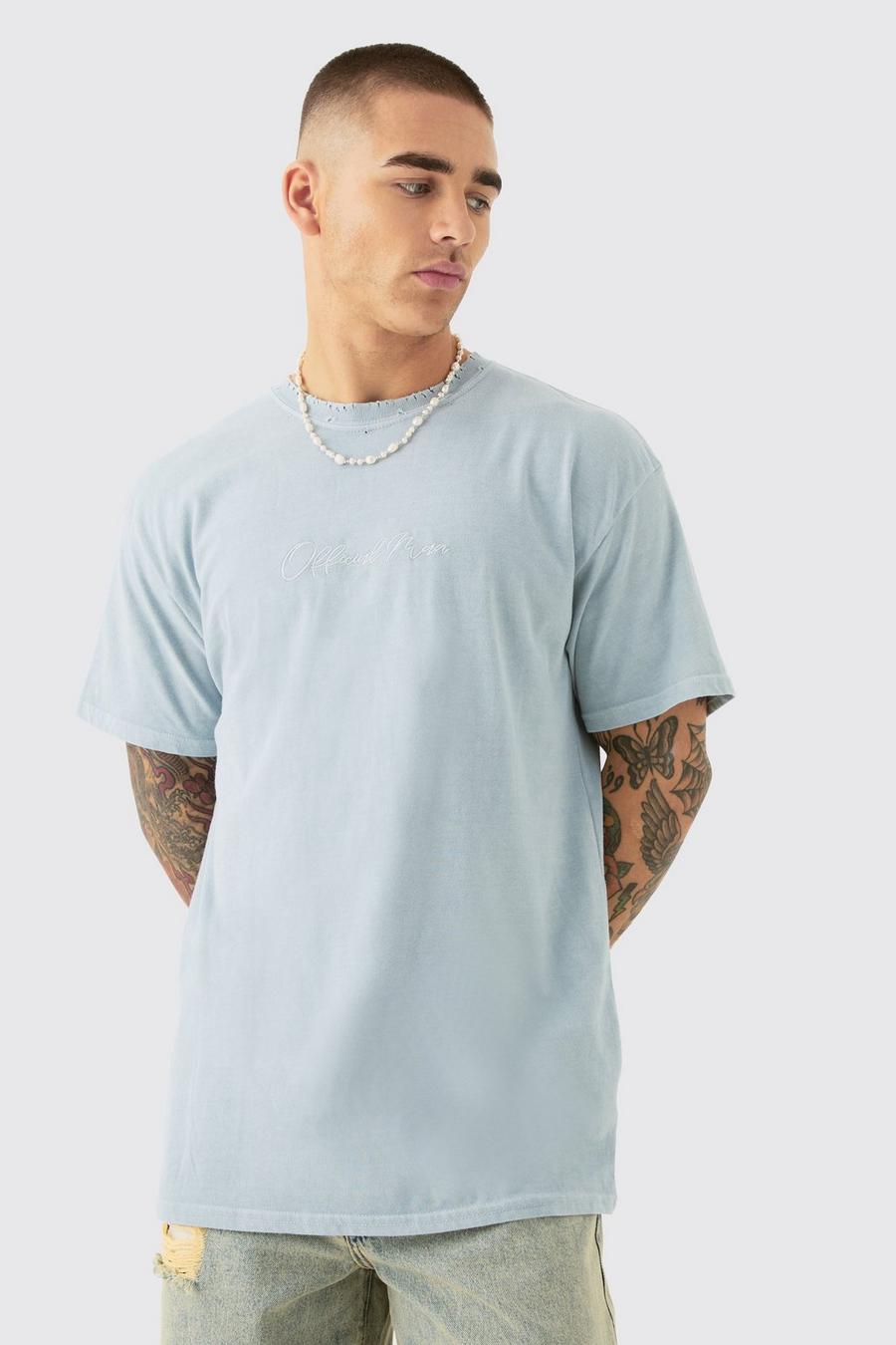 Grey Oversized Distressed Neck Embroidered T-shirt