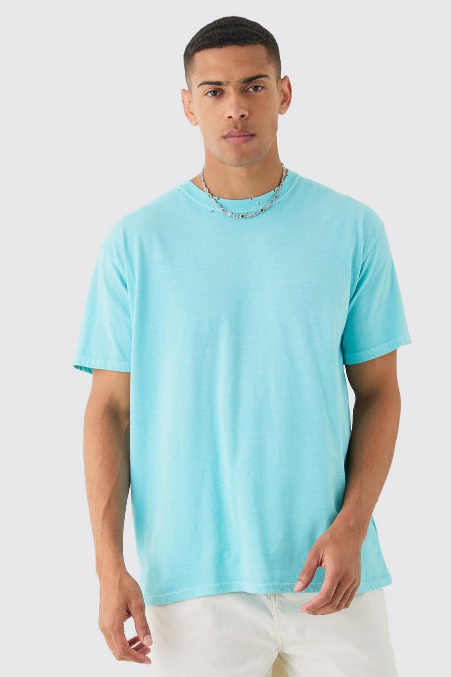 Blue Oversized Versleten Gebleekt T-Shirt