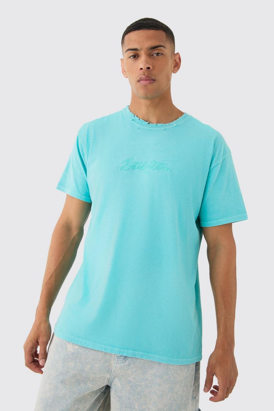 Blue Oversized Distressed Neck Embroidered T-shirt image number 1