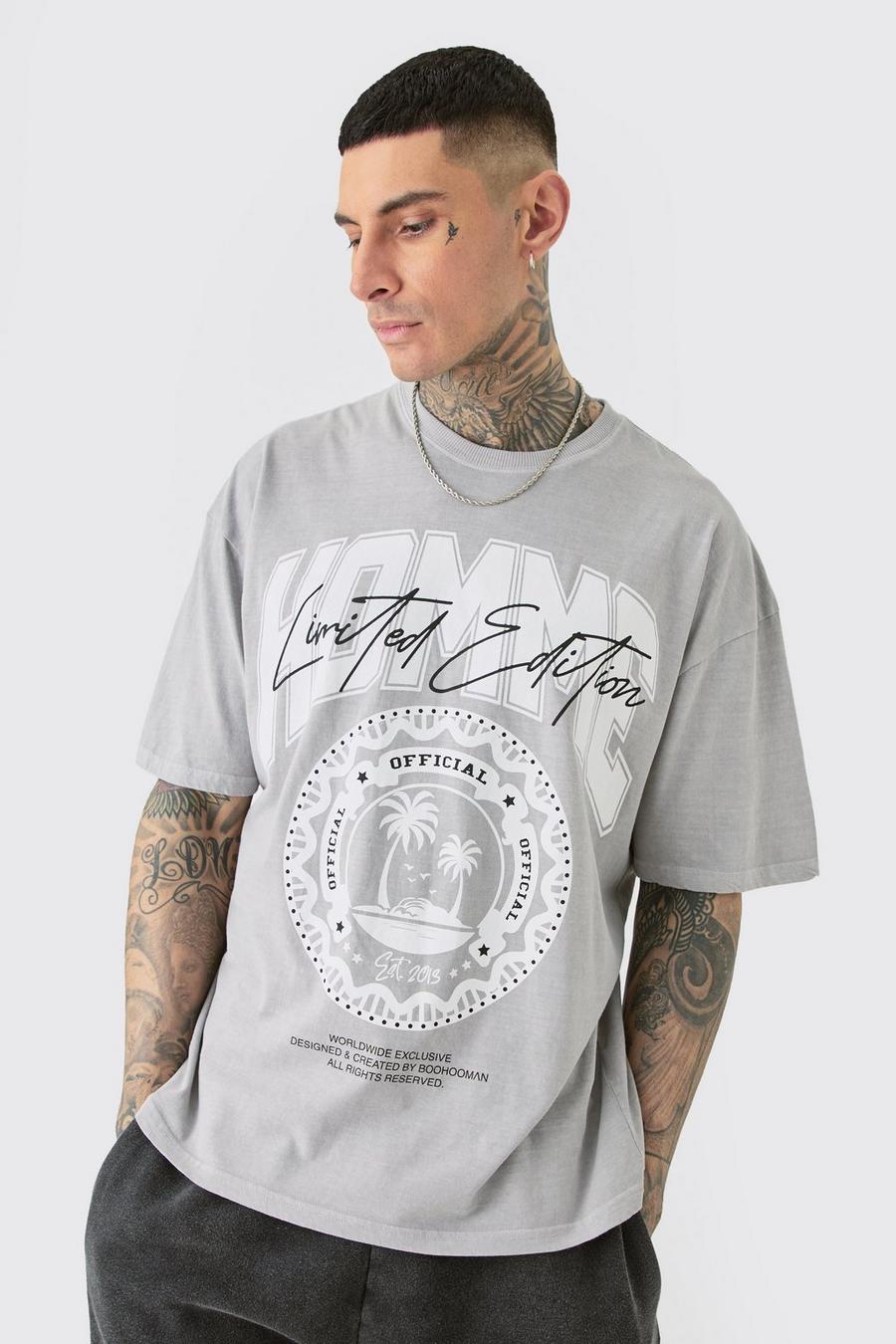 Tall Homme Palm Print Graphic T-shirt In Grey image number 1