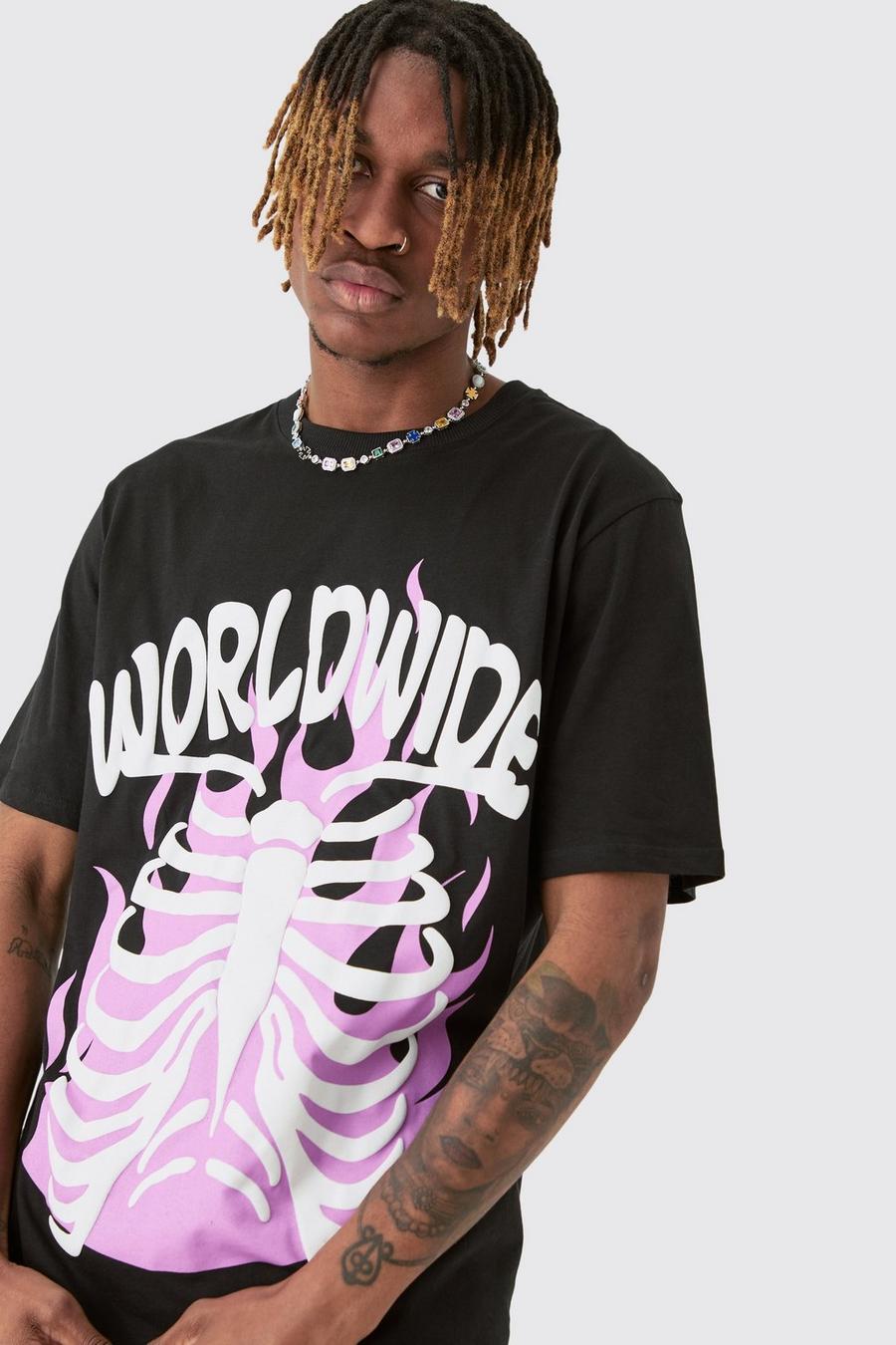 Black Tall World Wide T-shirt med tryck och skelett image number 1
