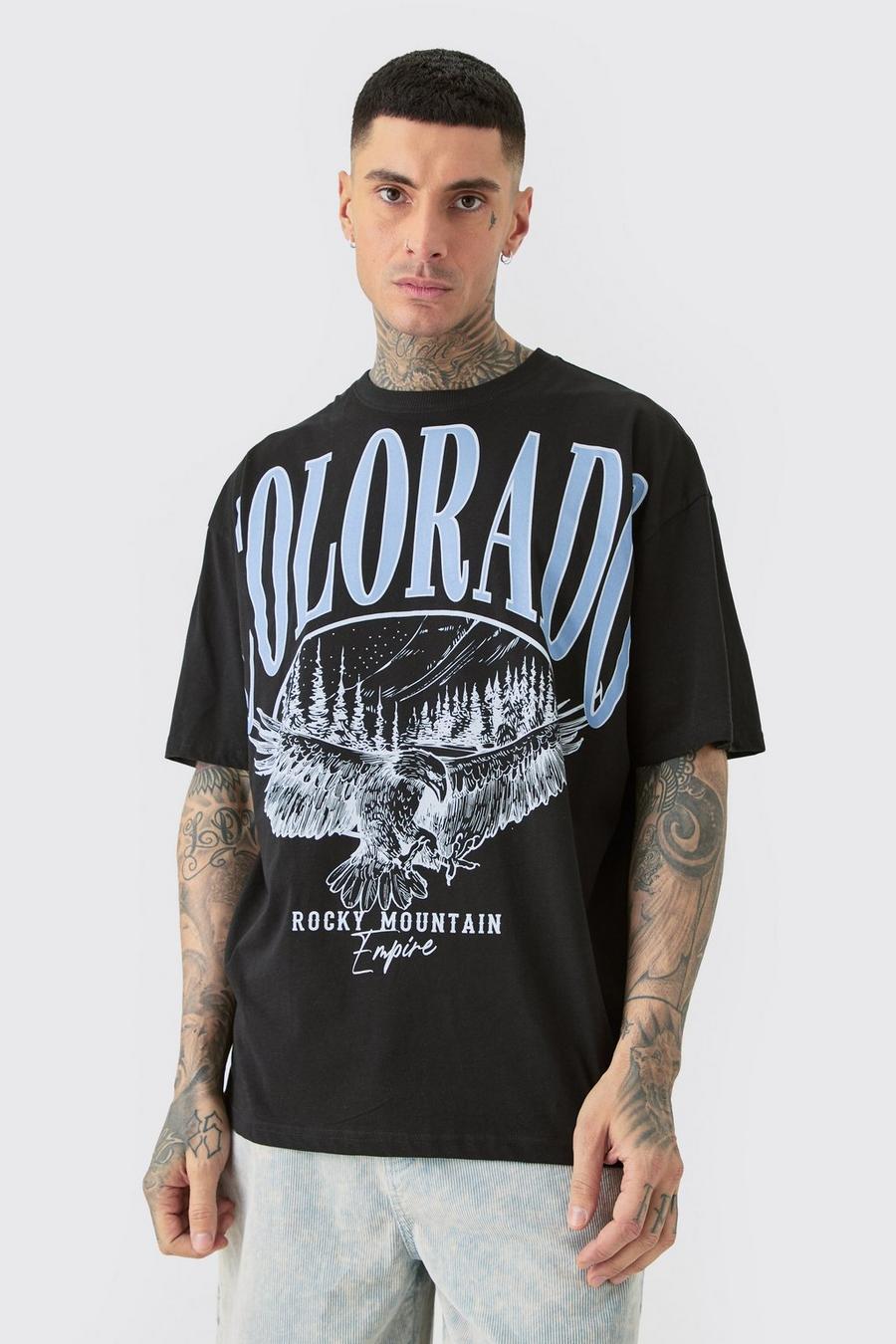 T-shirt Tall nera con grafica Colorado stile Varsity e cuciture sovrapposte, Black