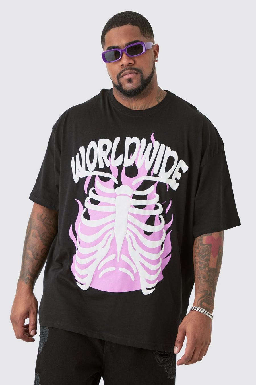 Plus World Wide Skeleton Graphic Puff Print T-shirt In Black 