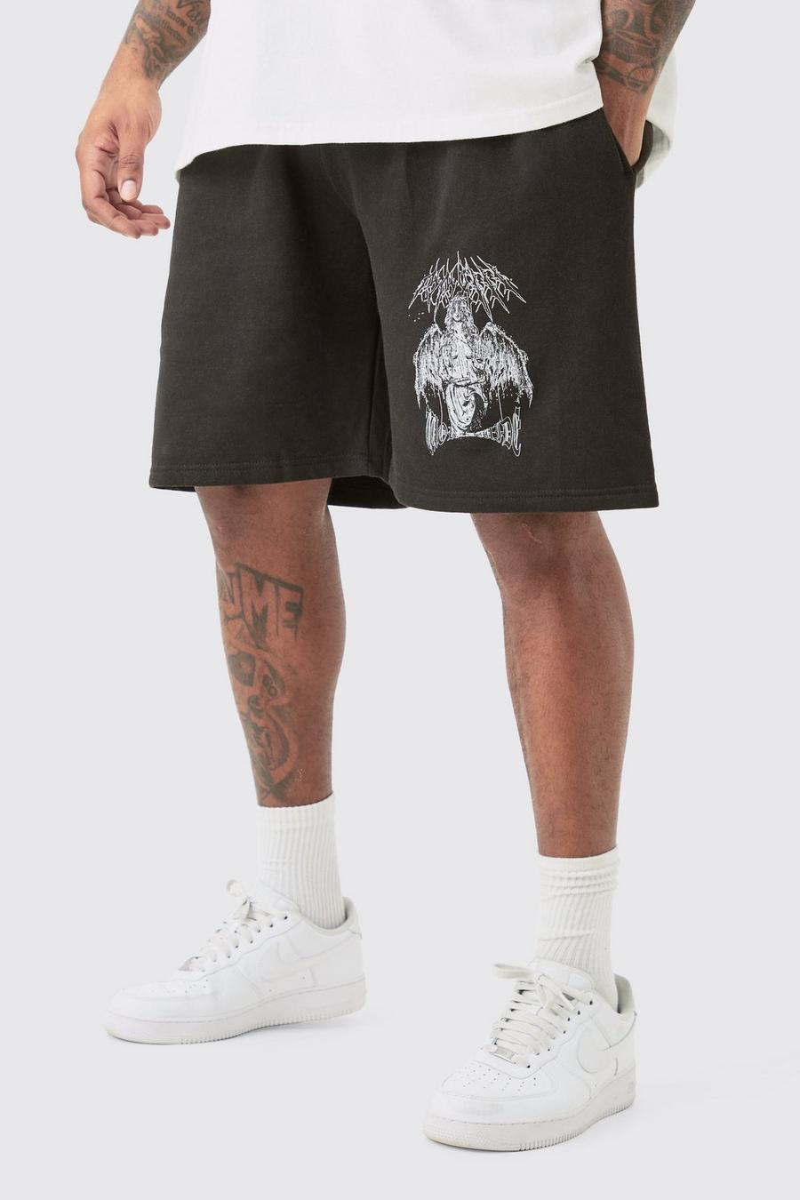 Black Plus Oversized Fit Gothic Print Jersey Shorts image number 1