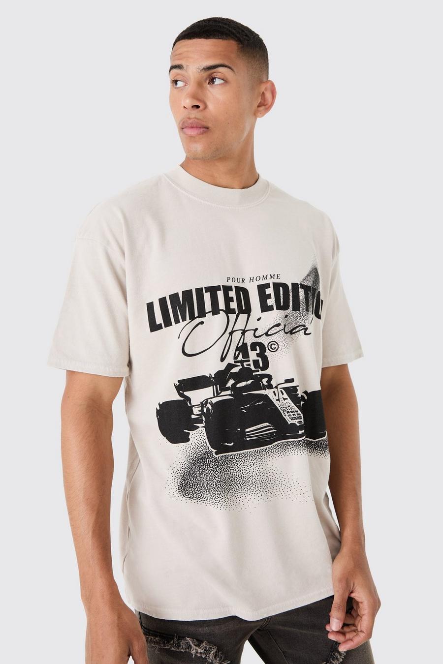 Ecru Oversized Gebleekt Race Auto T-Shirt Met Print