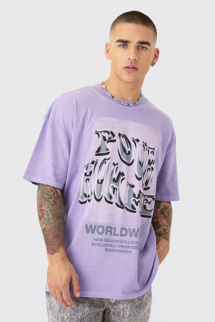 Purple Oversized Washed Homme Text Print T-shirt image number 1