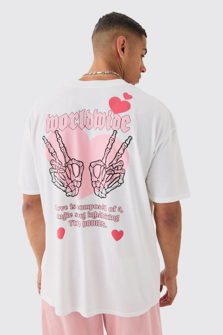 Camiseta oversize con cuello extendido y estampado de esqueleto y corazón, White image number 1