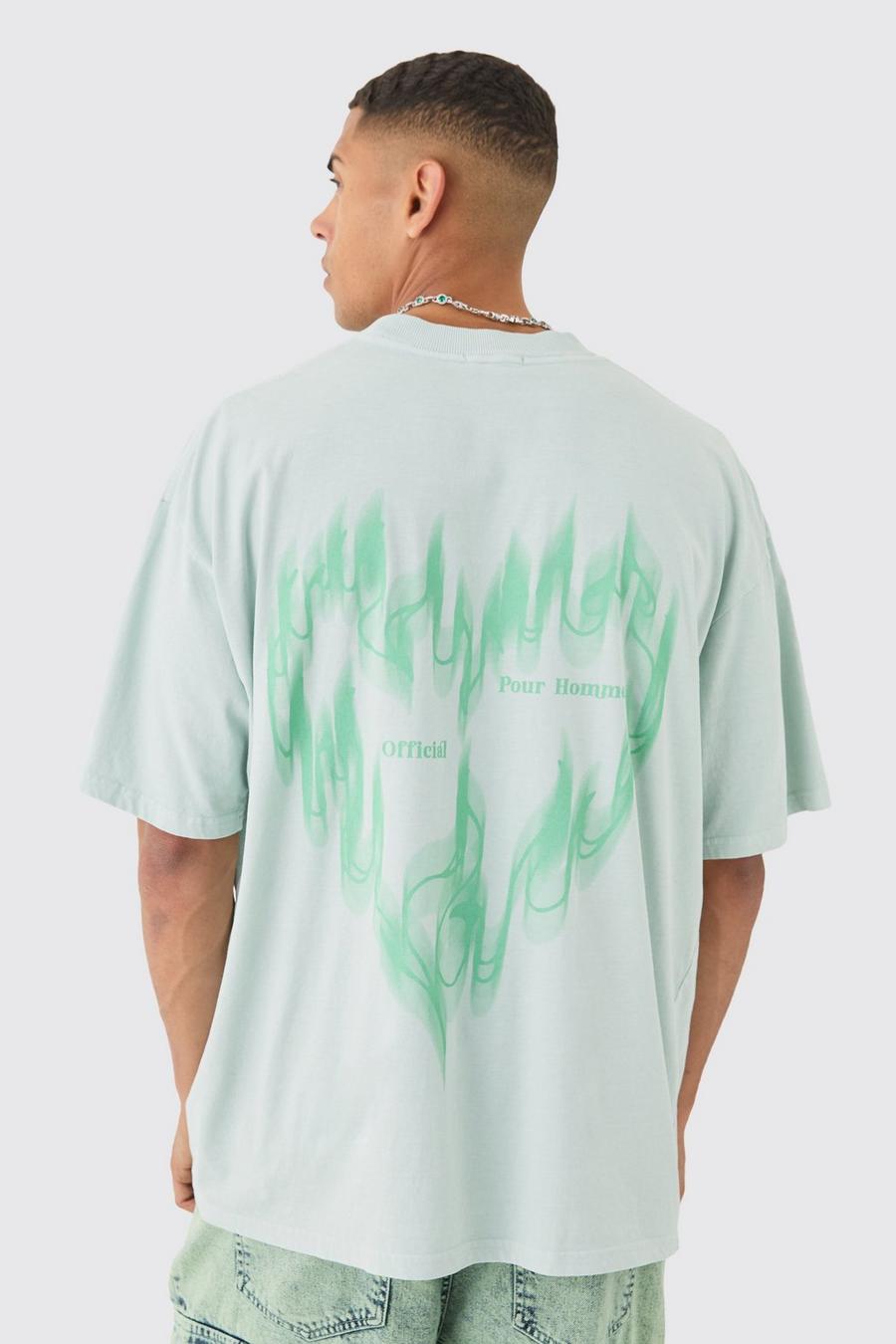 Sage Oversized Extended Neck Wash Flame Heart Back Print T-shirt image number 1