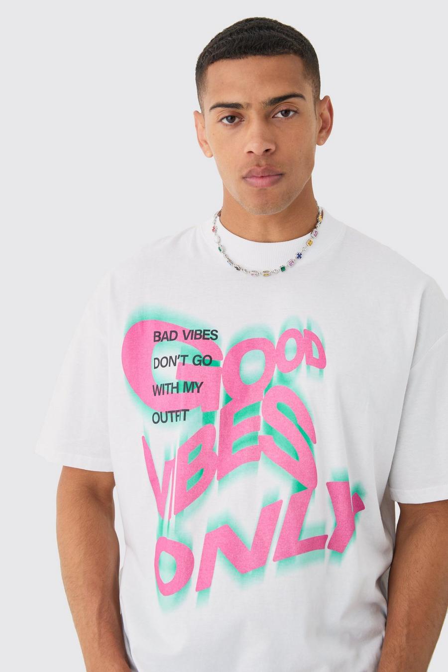 White Oversized Extended Neck Good Vibes Only Print T-shirt image number 1