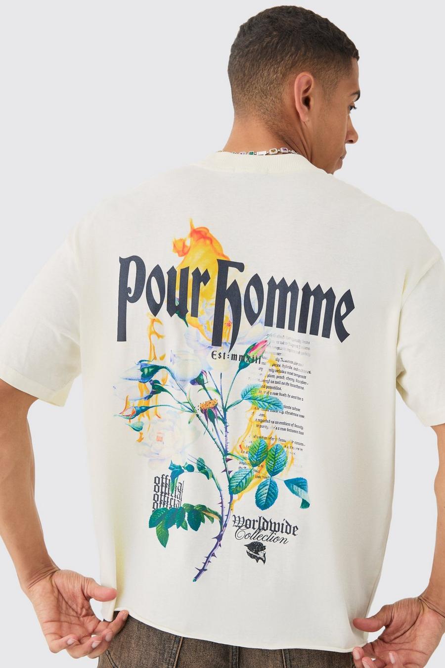 Ecru Oversized Boxy Extended Neck Floral Print Wash T-shirt