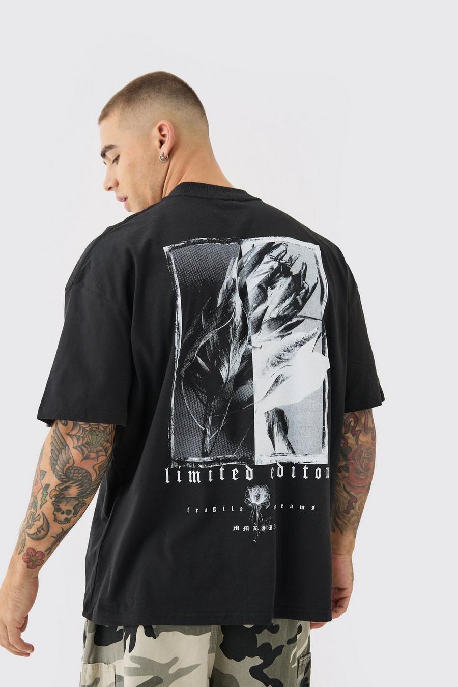 T-shirt oversize con grafica di fiori e girocollo esteso, Black image number 1