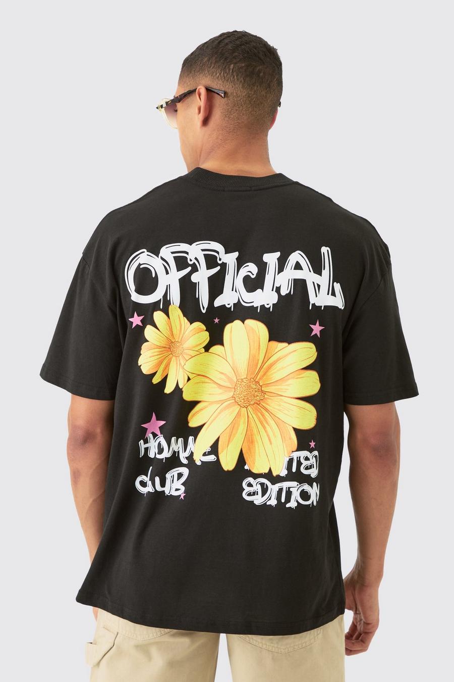 Black Oversized Sunflower Doodle Back Print T-shirt image number 1
