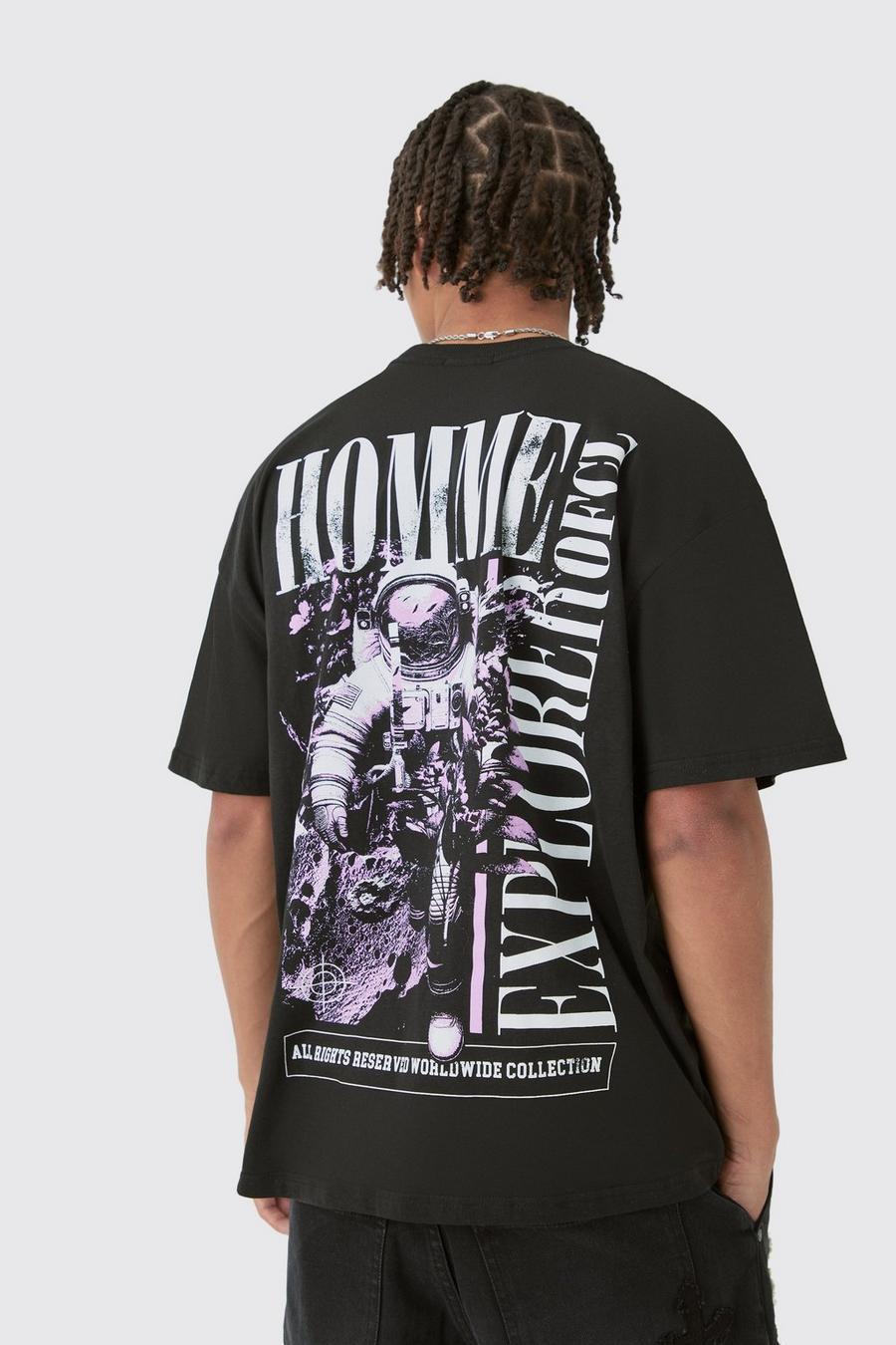 Oversized Explorer Space Back Print T-shirt, Black
