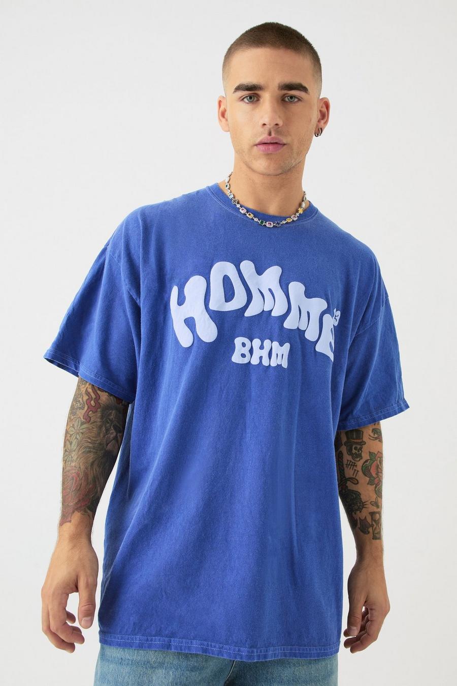 Oversized Washed Homme Printed T-shirt, Cobalt