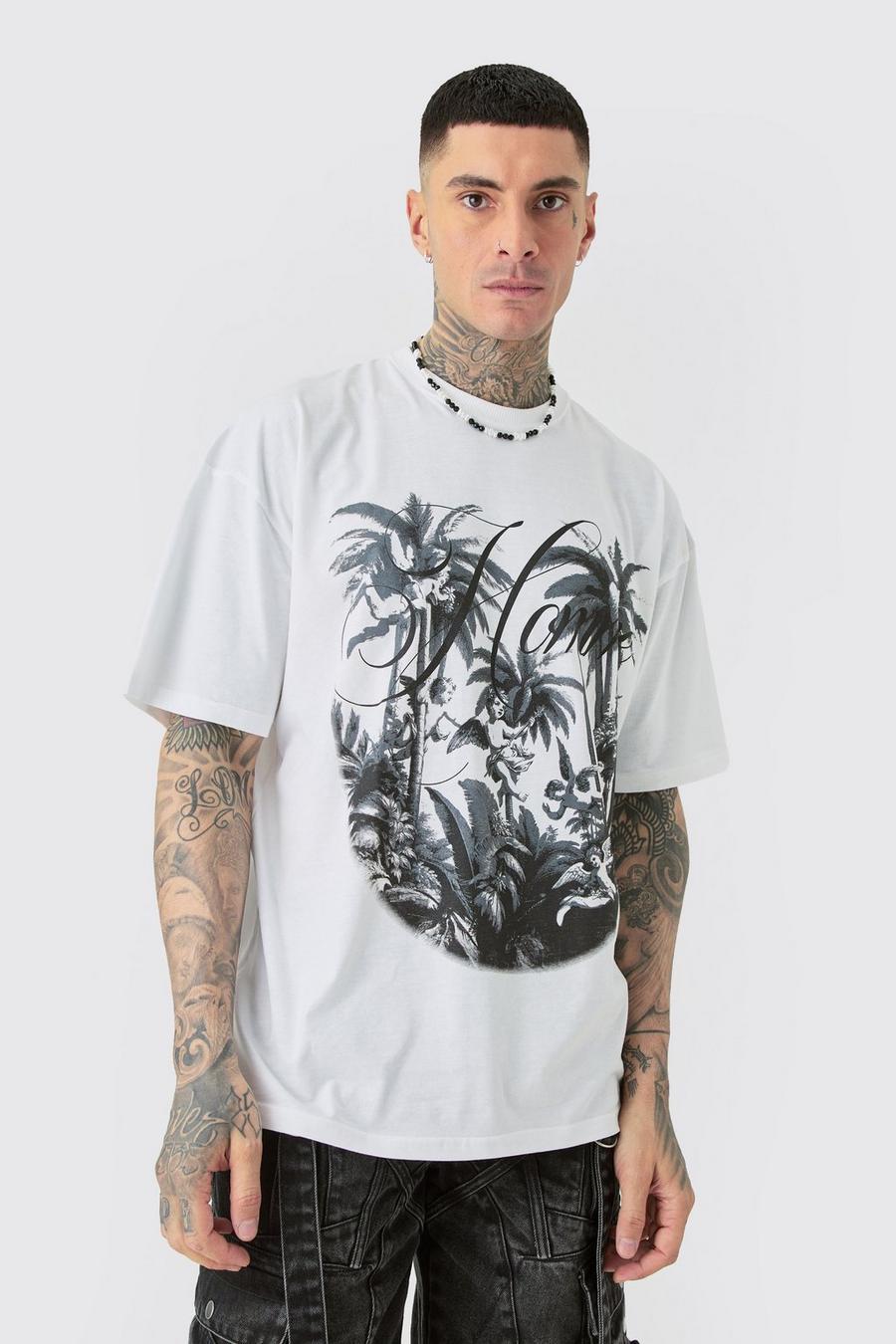 T-shirt Tall oversize bianca con scritta rinascimentale e scritta Palm, White image number 1