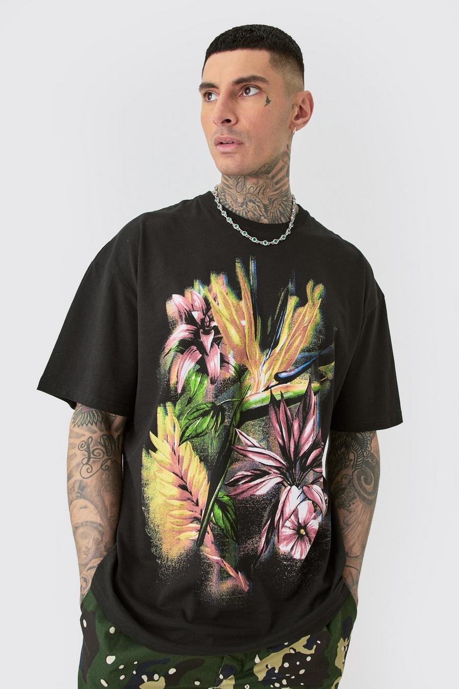 Tall Oversized Multi Floral Print T-shirt In Black