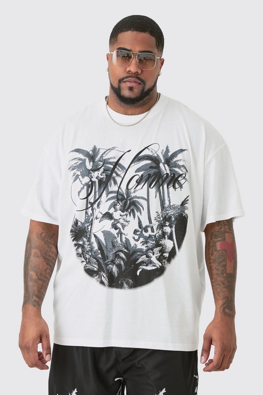 White Plus Oversize t-shirt i renässansstil med palmer image number 1