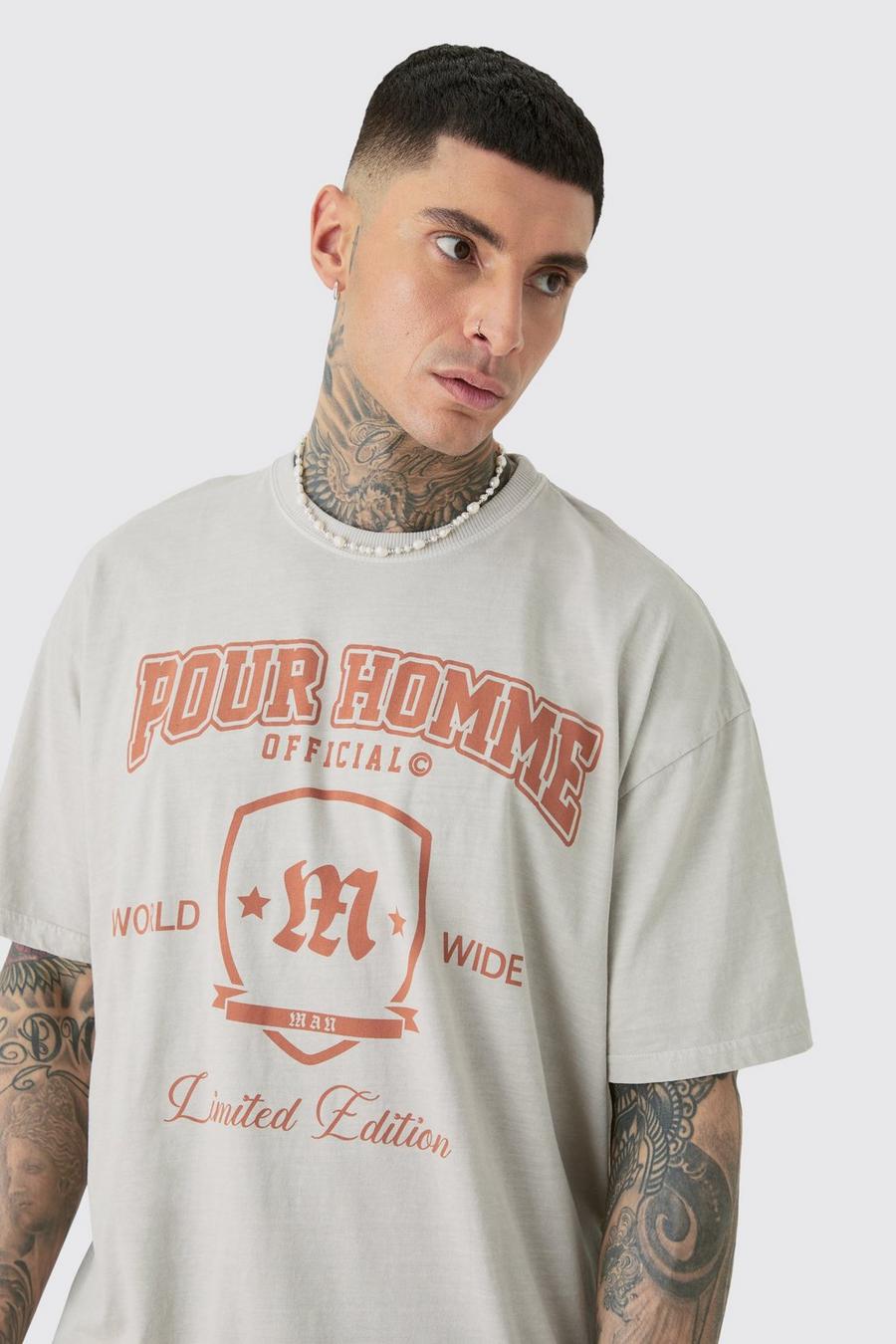 Camiseta Tall oversize sobreteñida desgastada con estampado universitario, Sand image number 1