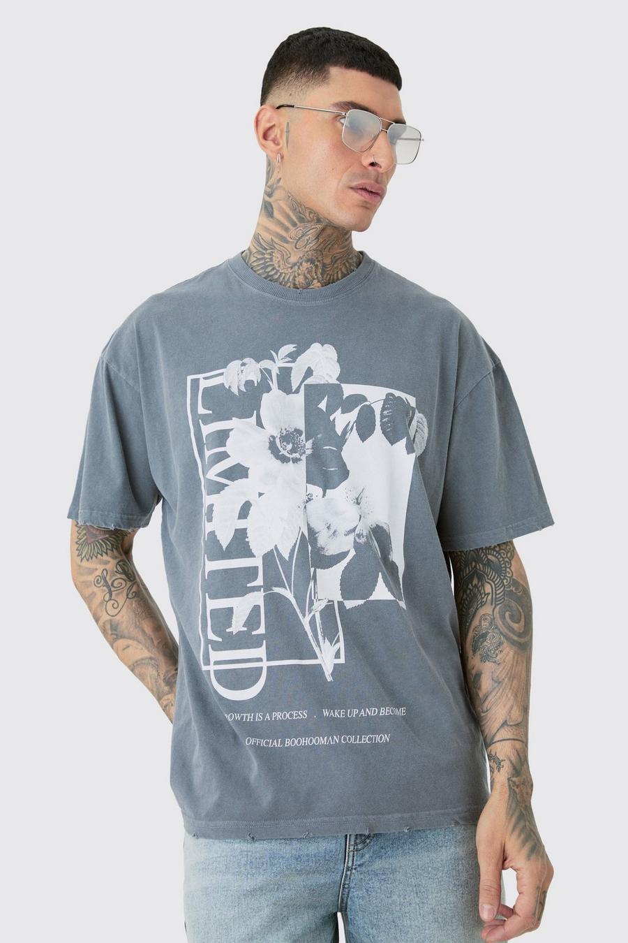 Tall - T-shirt oversize surteint fleuri, Charcoal image number 1