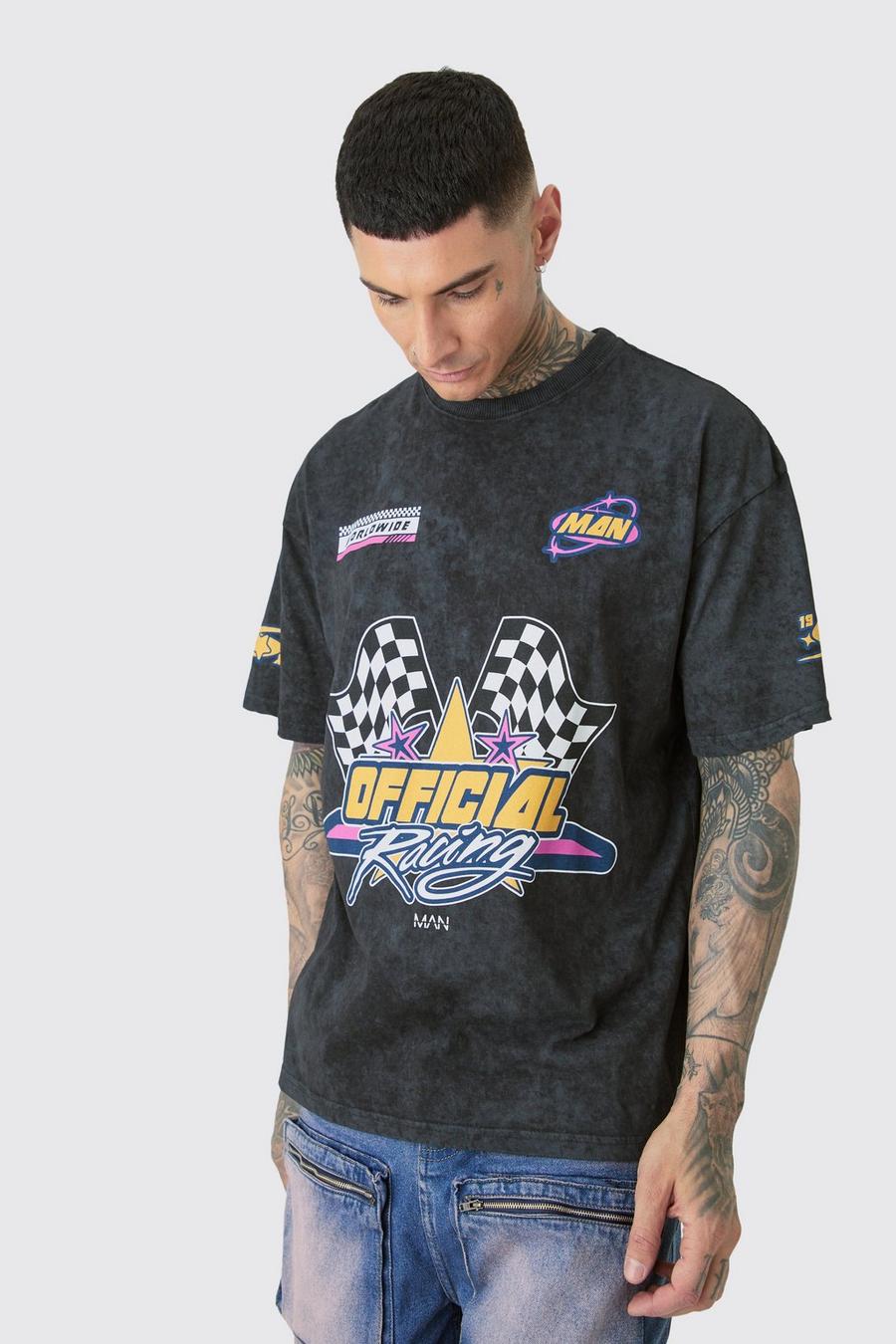 Camiseta Tall oversize con estampado gráfico sobreteñido de motociclismo, Charcoal image number 1