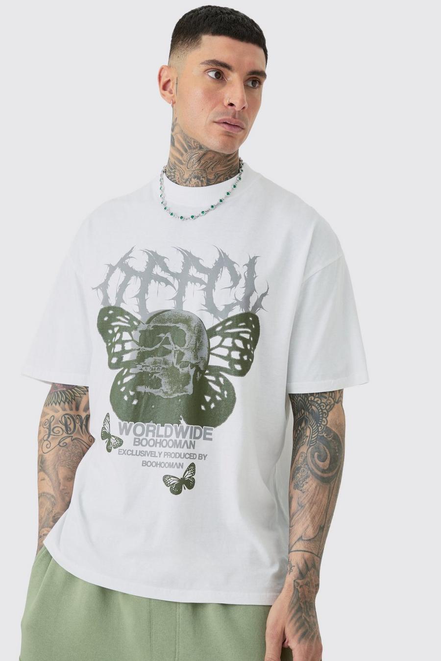 T-shirt Tall con grafica di teschio e farfalle, White image number 1