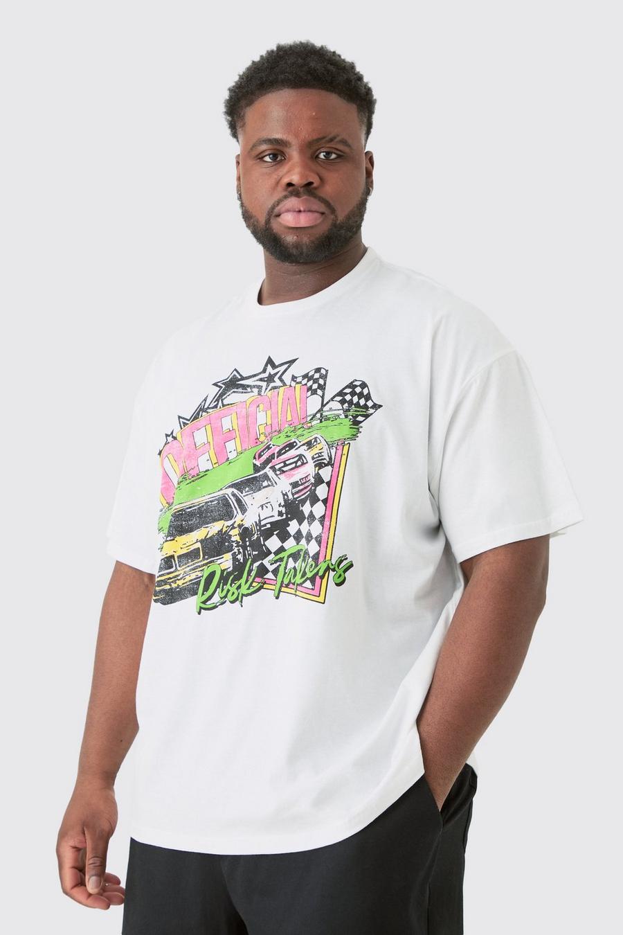 Plus Oversize T-Shirt mit Neon Moto-Print, White image number 1