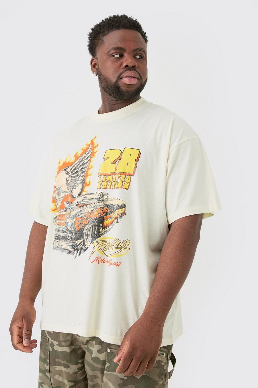 Camiseta Plus oversize con estampado gráfico de calavera y coche, Sand image number 1